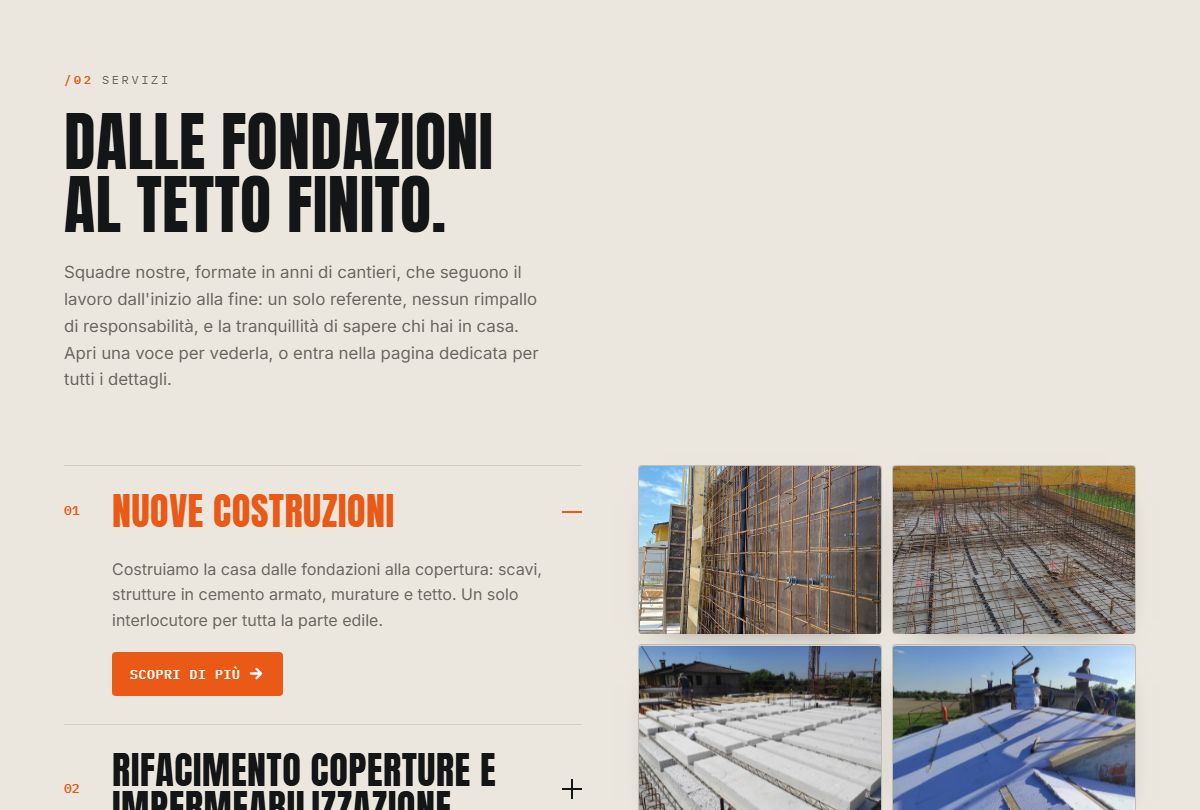 La sezione Servizi del sito Comed: Dalle fondazioni al tetto finito, con la voce Nuove costruzioni aperta