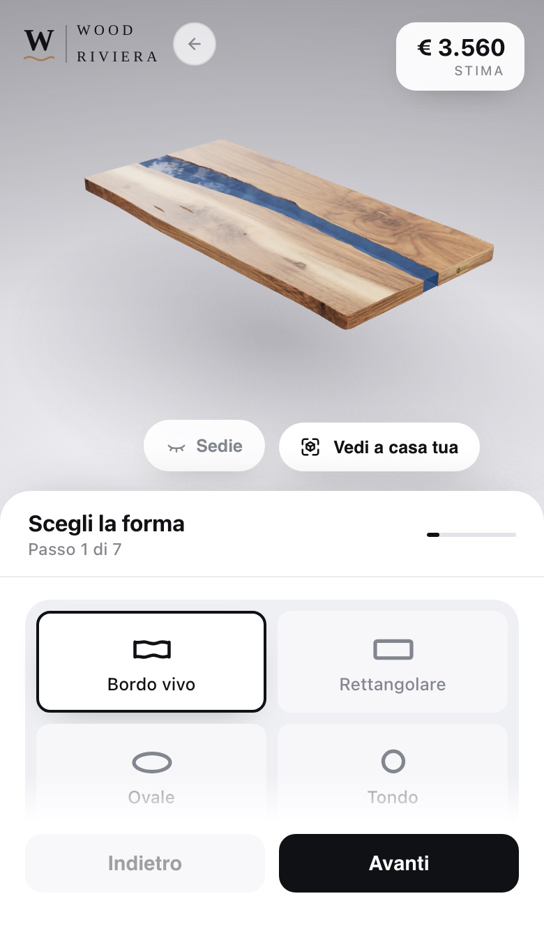 Passo 1 del configuratore: scelta della forma del tavolo