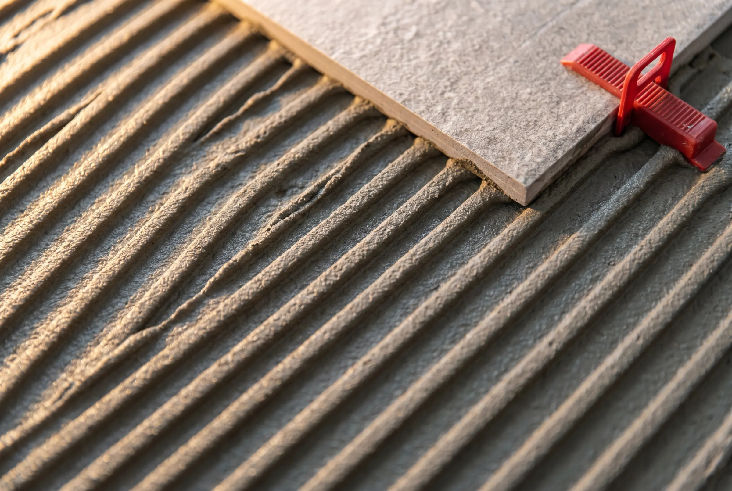 Colla pettinata di fresco, le creste diagonali in luce radente e una piastrella grande formato appena posata col livellatore