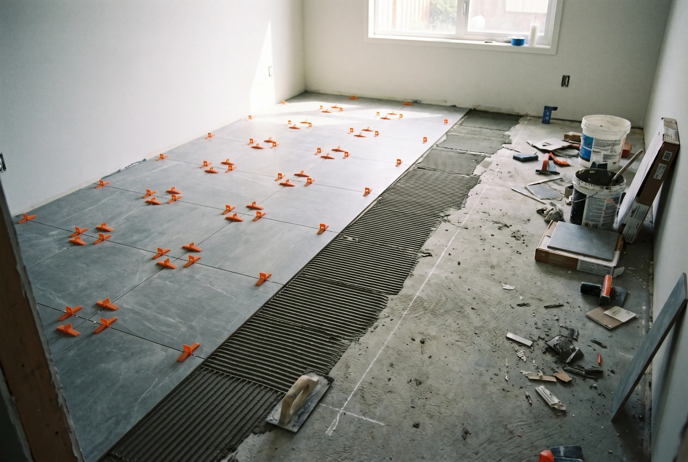 Cantiere di posa con i livellatori arancioni sulle lastre e la colla stesa