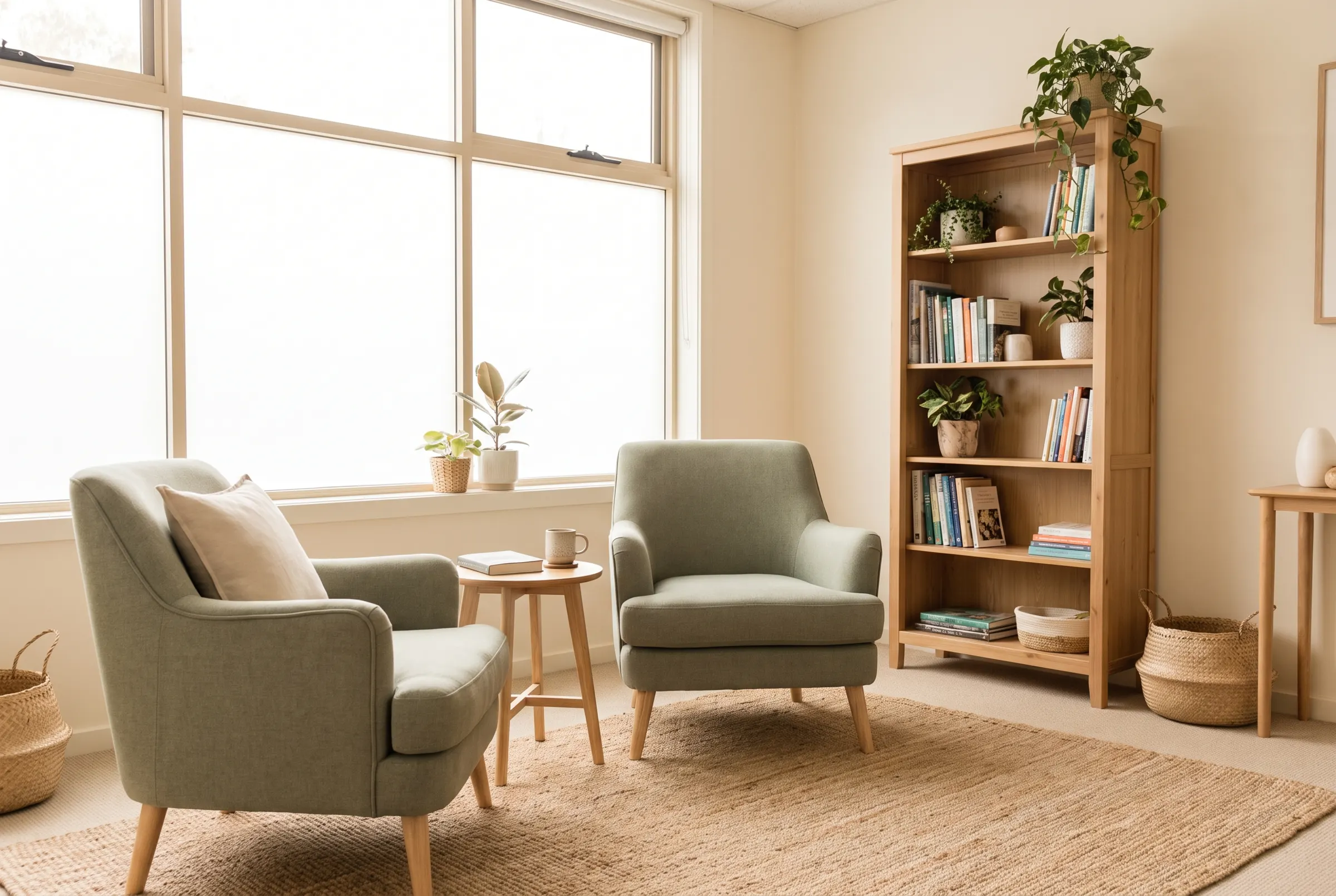 La stanza dello studio: due poltrone una di fronte all'altra, una libreria e una finestra con luce diffusa