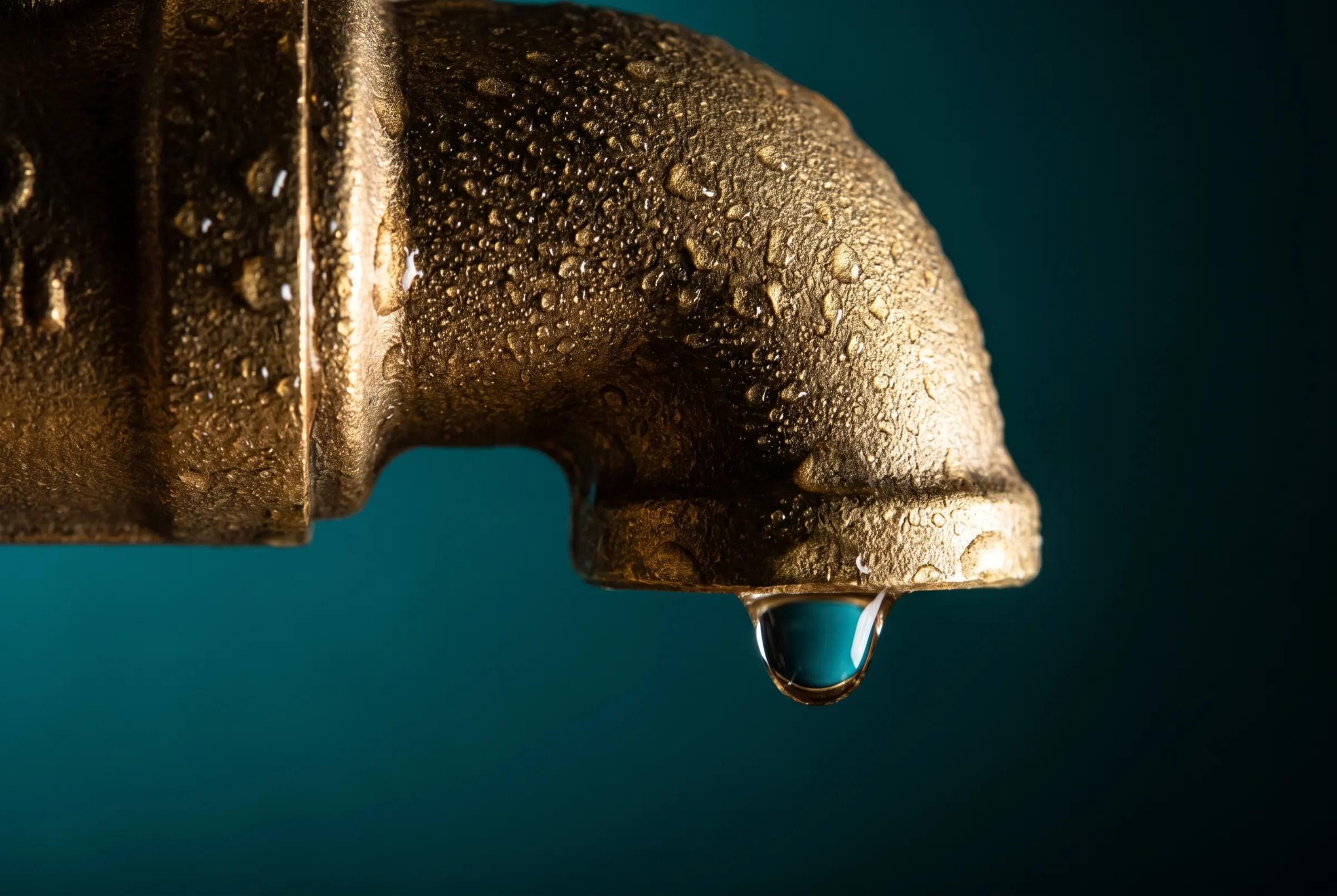 Goccia d'acqua che si forma su un raccordo d'ottone coperto di condensa, fondo verde petrolio