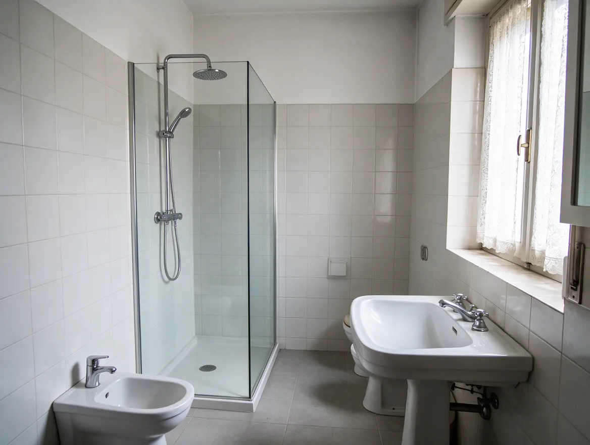 Lo stesso bagno rifatto: doccia walk-in, piastrelle bianche, rubinetteria cromata nuova