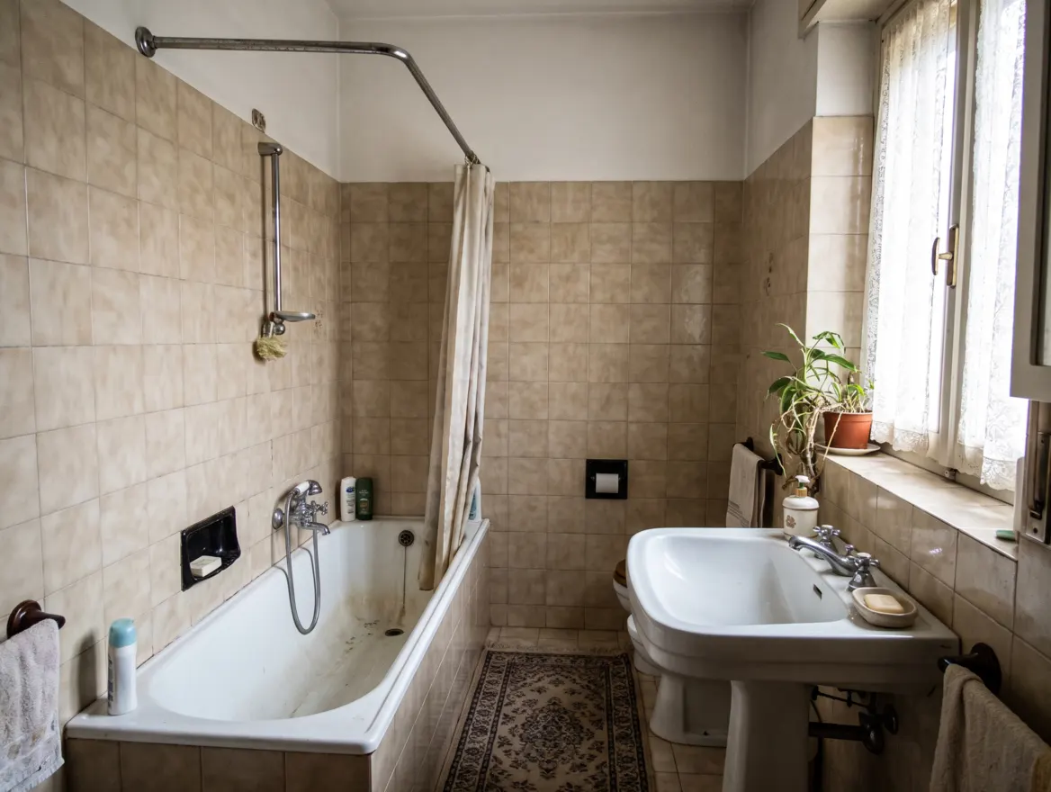Bagno datato con vasca macchiata, piastrelle ingiallite e tubi a vista