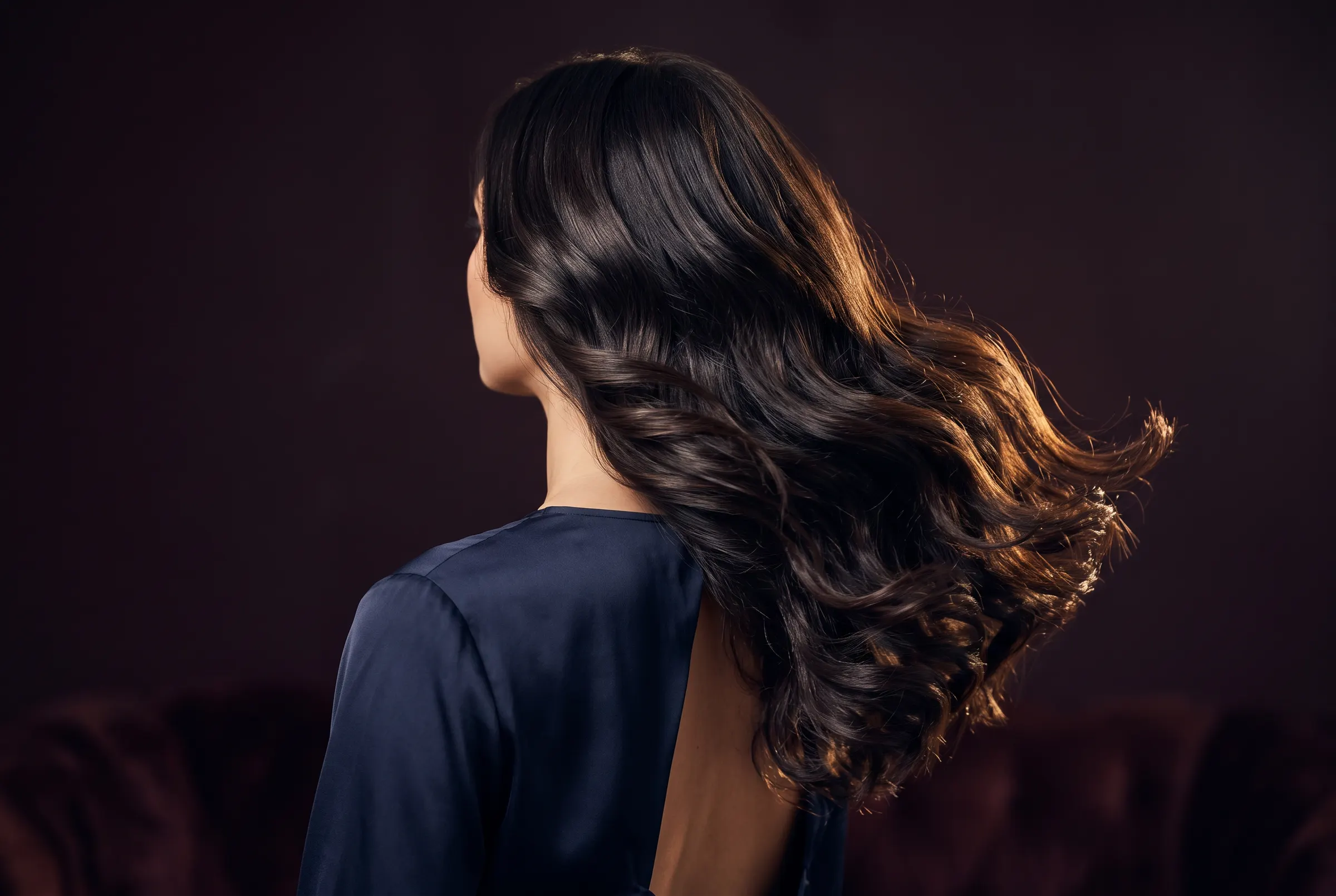 Piega mossa vista di spalle, i capelli in movimento sul fondo prugna