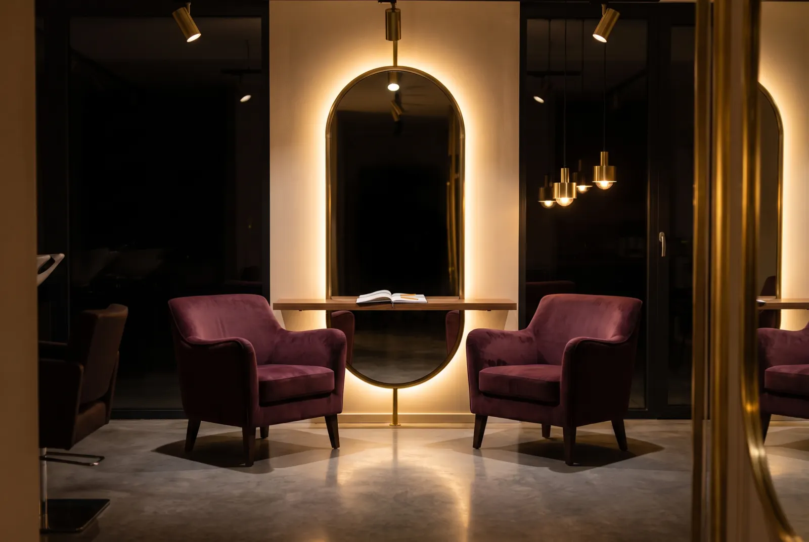 La zona d'attesa del salone: due poltrone prugna davanti allo specchio ovale retroilluminato