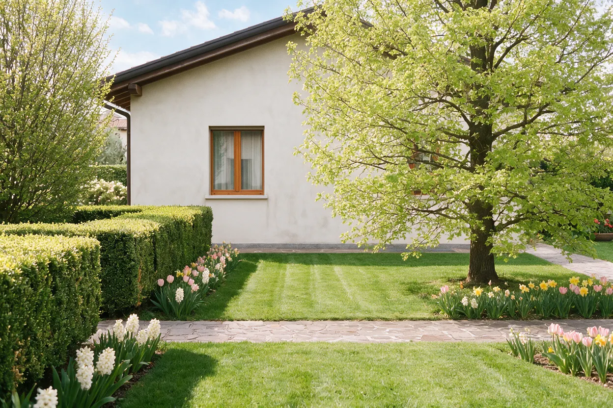 Il giardino in primavera: bulbi in fiore lungo la siepe di bosso, l'albero appena in foglia