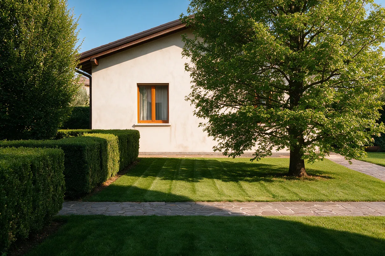 Lo stesso giardino in estate: chioma piena e prato tagliato a strisce nella luce della sera