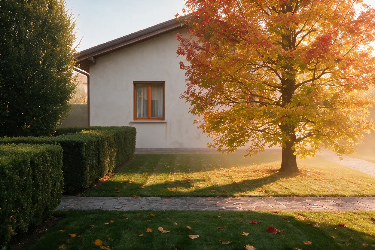 Lo stesso giardino in autunno: la chioma arancione, le prime foglie sul prato e la nebbia bassa