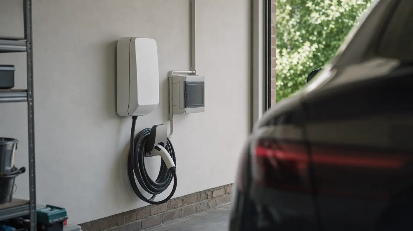 Colonnina di ricarica wallbox installata a muro in un garage