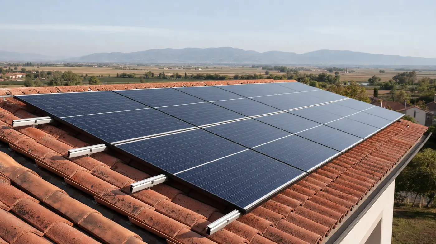 Impianto fotovoltaico installato su un tetto in coppi nell'Alta Padovana