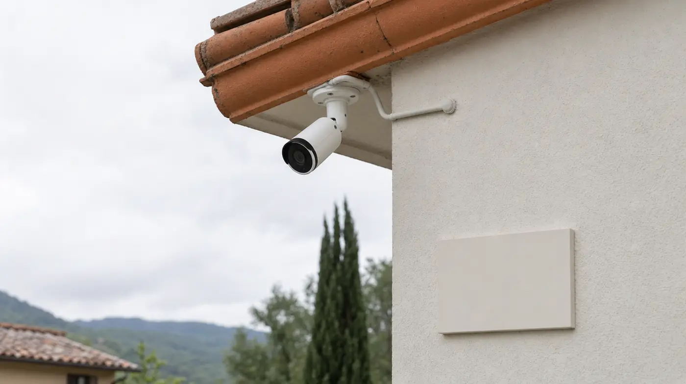 Telecamera di videosorveglianza installata sotto la gronda con targa informativa