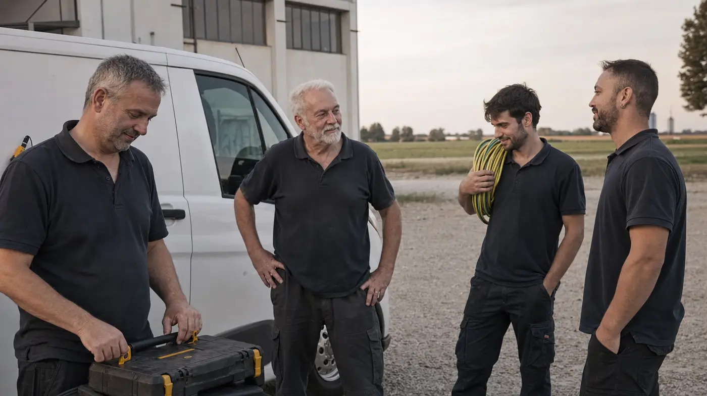 La squadra di Zanella Impianti a fine giornata, davanti al furgone
